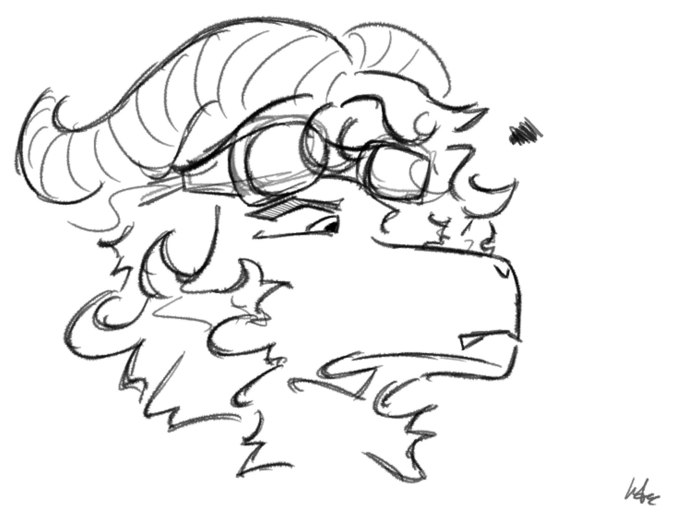 Oofie's white dall sheep fursona sketch, shown as white linework on black